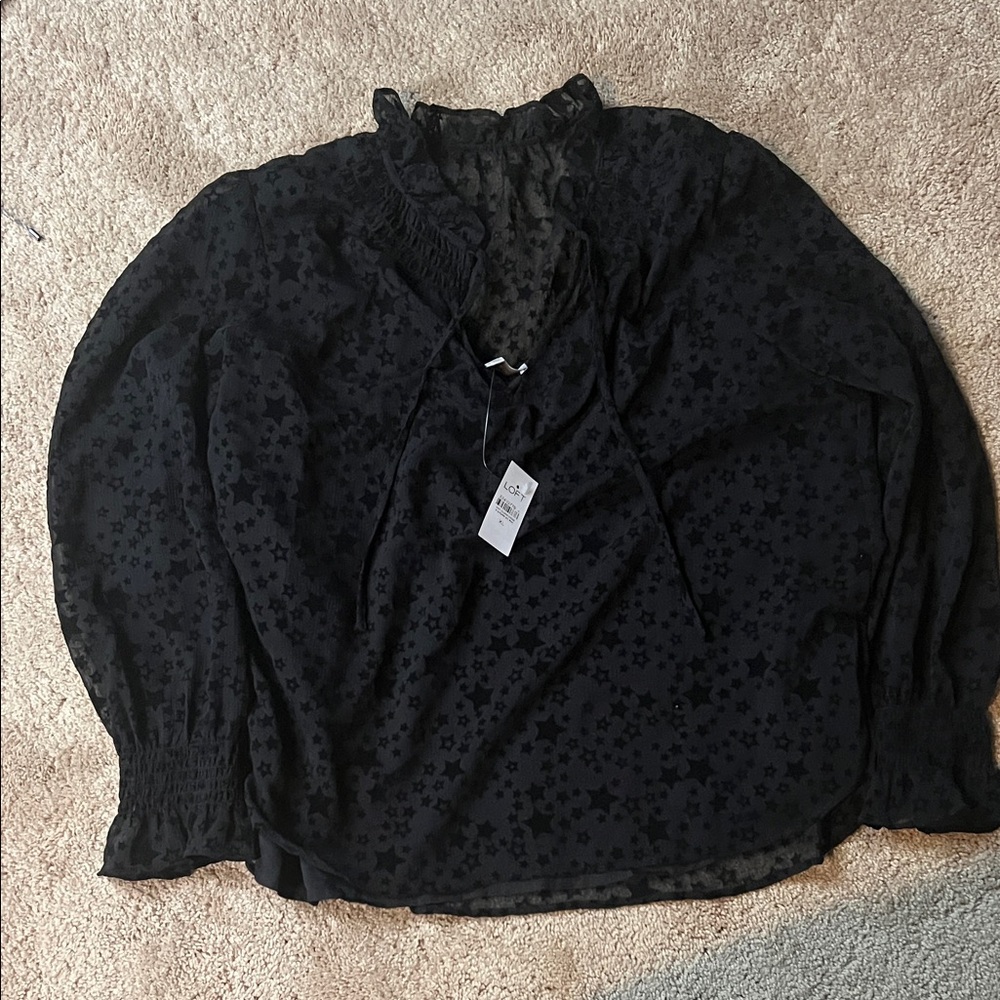 LOFT Black Floral Blouse with Ruffle Neck